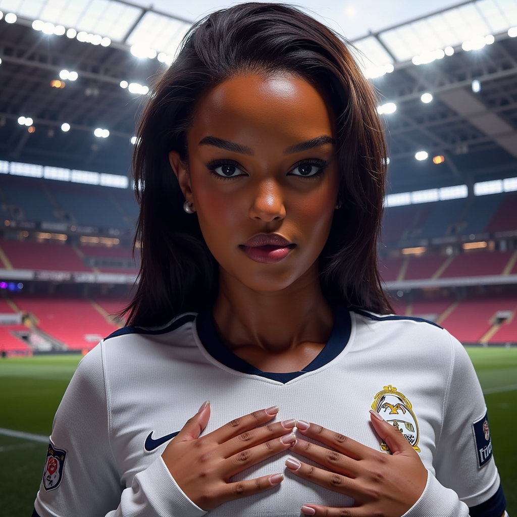 Knee-up portrait of a digital footballer gripping their jersey at the chest, int