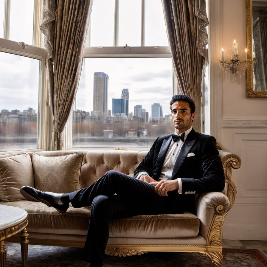 Luxurious man in tuxedo, opulent decor, velvet sofa.