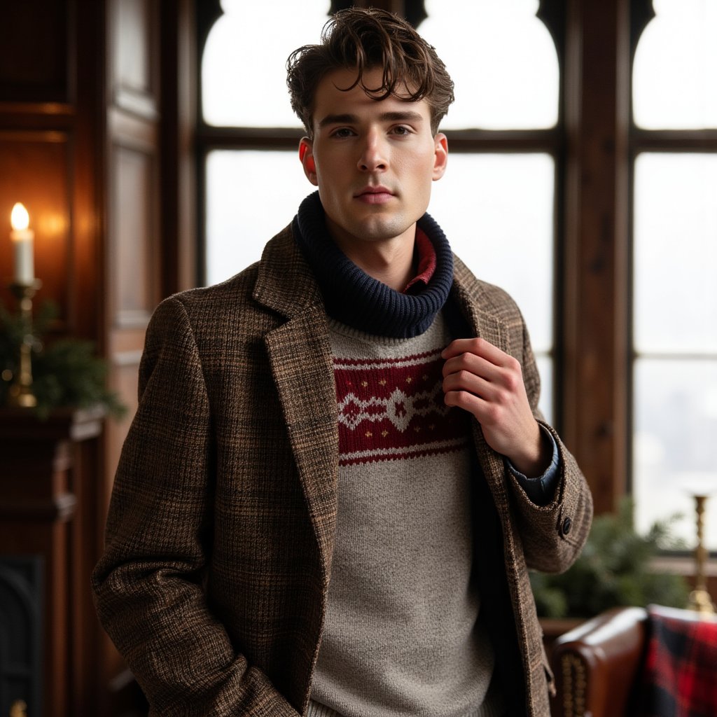 Man standing near a mullioned window, body angled 30° from camera, eyes to lens, calm expression. Hairstyle: side-part with light pomade, neatly trimmed beard. Attire: heritage Fair Isle wool sweater layered over an Oxford shirt; tweed sport coat draped over shoulders; wool scarf loosely looped. Fabric details: jacquard knit definition, tweed herringbone, oxford weave. Camera: slightly above eye-level, 50mm, f/2.2. Lighting: cool daylight key through window + warm bounce from room for mixed-temperature holiday glow. Background: blurred evergreen boughs, leather-bound books, subtle tartan throw on a chair; minimal objects, no clutter. Pose: one hand lightly touching scarf edge. Render: highly detailed, highly realistic, HDR; crisp knit pattern; lifelike eye catchlights.