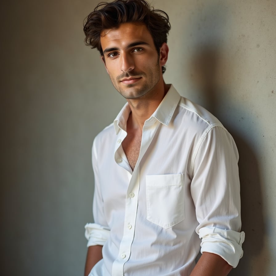 man in timeless attire, such as a crisp white shirt or a blazer. He is posed against a neutral or softly textured background, with natural lighting bringing out his features. His expression is composed and confident, perfect for a profile that stands the test of time