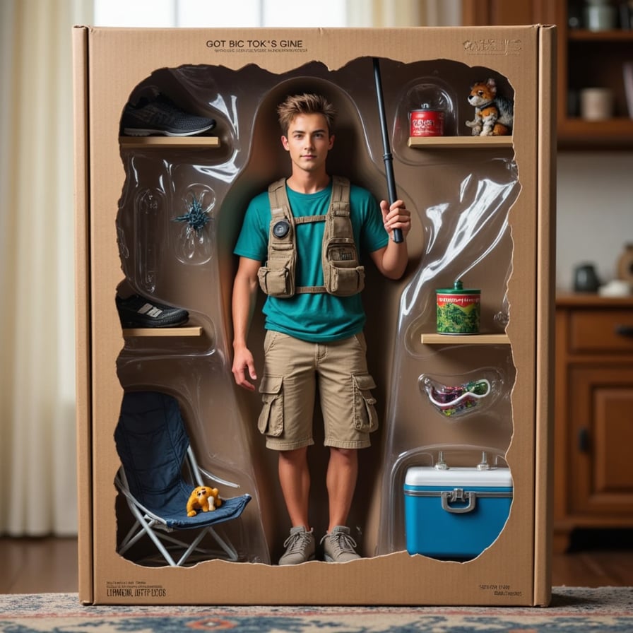 Man in cargo shorts holding a fishing rod, surrounded by camping gear, dog figure, and cooler box
