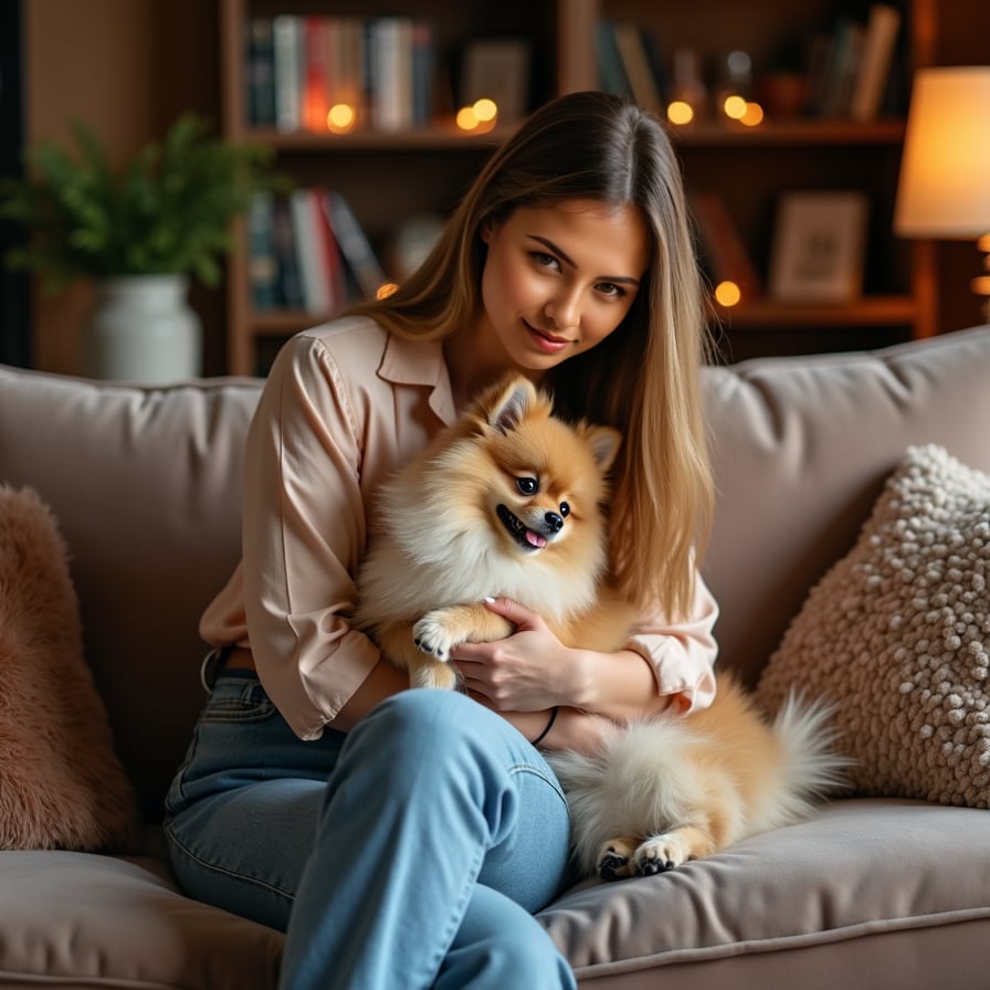 woman cuddling her small, fluffy Pomeranian dog, wearing a trendy blouse and high-waisted jeans, sitting on a plush velvet sofa, surrounded by soft cushions and a warm-toned rug, against a cozy living room backdrop with dimmed golden lighting, and a blurred-out bookshelf in the background.