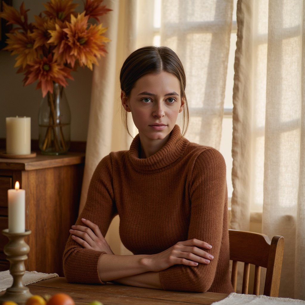 Highly detailed, highly realistic, hyperrealistic HDR portrait of a woman (female, 35 yrs old) seated waist-up at a rustic wooden table in a softly sunlit home. She wears a cozy cinnamon-brown ribbed turtleneck sweater with visible knit texture and faint folds at the elbows. Her hair is tied in a loose low bun with fine strands falling along her cheeks. Camera positioned slightly above eye level (~10° down), focus on her calm, thoughtful expression as she gazes slightly away from the lens. Natural daylight filters through linen curtains, creating warm highlights on her cheekbones and a soft glow on her skin. The background is softly blurred — showing only vague shapes of a candle and autumn leaves, no clutter. Wood grain, skin pores, and fabric texture visible in high detail. Warm tone, tranquil Thanksgiving atmosphere. HDR, high resolution, high quality, highly detailed.