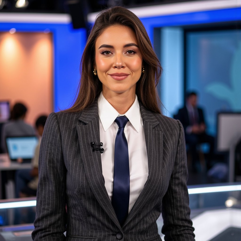 Highly detailed, highly realistic, HDR, 8k portrait of a TV news anchor at the desk; camera: 85mm lens, f/2, eye-level, tight head-and-shoulders; lighting: soft key through 3ft octabox at 45°, subtle fill with reflector, cool LED rim; expression: calm, confident micro-smile, visible skin texture/pores and soft peach fuzz; attire: charcoal pinstripe suit with satin lapels, crisp white shirt, navy silk tie (tight Windsor), matte fabric with fine stitching; hair: neat side part, lightly sprayed; props: low-profile lav mic on lapel, thin in-ear IFB; background: blurred newsroom LED wall with gentle motion blur, minimal clutter; color balance: neutral daylight; composition: rule of thirds with clean headroom.
