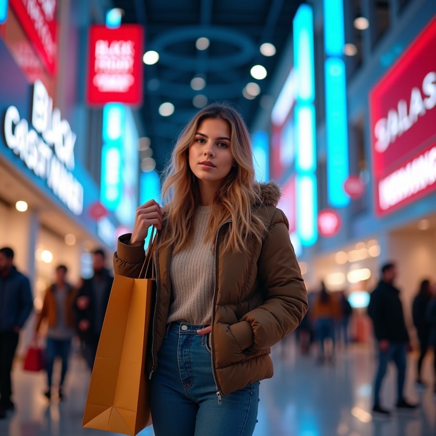 A young woman with a big smile, holding a shopping bag and standing in front of a bright, neon-lit Black Friday sale background