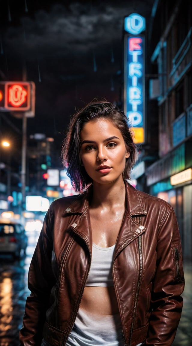 Cyber-enhanced woman, cyberpunk cityscape, neon lights, intense, cinematic.