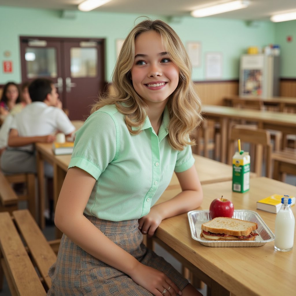 Highly realistic 1960s cafeteria scene, centered on a girl seated at a long wooden lunch table, captured from an overhead angle with a 28mm lens. She wears a mint green short-sleeved blouse in crisp cotton with faint vertical stripes, tucked into a high-waisted plaid skirt in muted browns and blues. Fabric creases naturally at her waist and elbows, with faint thread irregularities visible in close detail. Her hair is styled in soft shoulder-length curls with a satin ribbon tied in a bow at the back. Skin tone is even with a natural flush across her cheeks, dimples visible as she smiles at someone off-frame. On the table in front of her: a vintage aluminum lunch tray with neatly arranged sandwich, apple, and milk carton, all rendered in high detail. Background is a soft blur of other students and benches, overhead fluorescent light reflecting subtly off the polished tabletop.