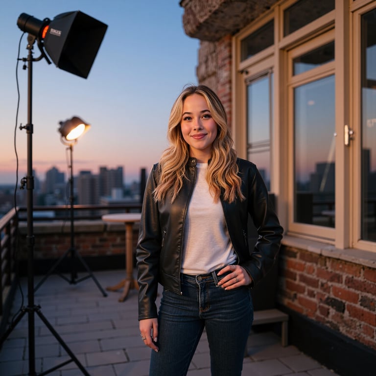 Highly detailed, highly realistic, HDR, 8k rooftop interview setup at dusk; came