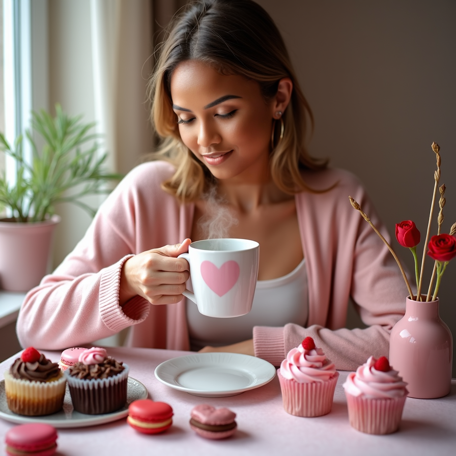 A model wearing a soft pink cardigan, sitting at a table adorned with Valentine'