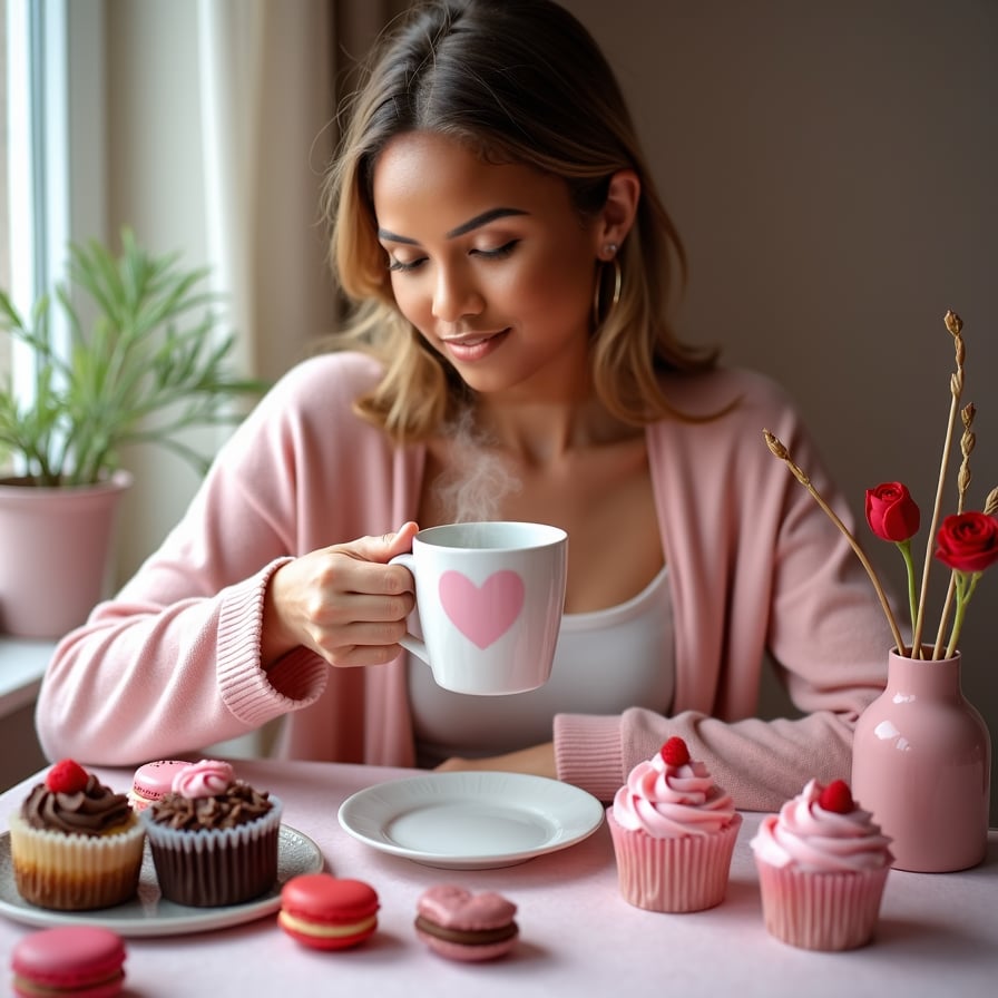 A model wearing a soft pink cardigan, sitting at a table adorned with Valentine's treats like cupcakes, macarons, and chocolates, holding a steaming mug with a heart design