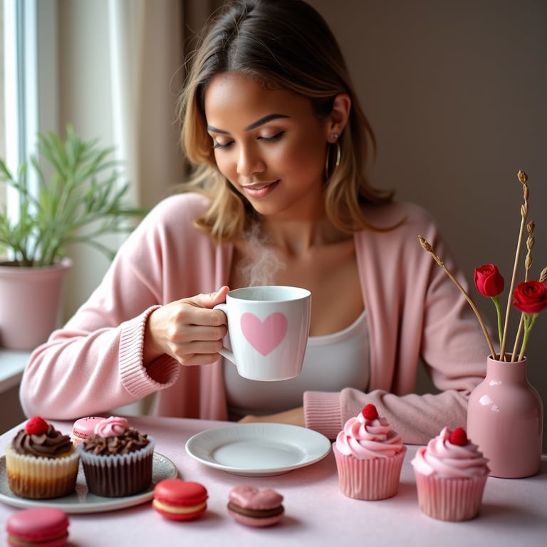 A model wearing a soft pink cardigan, sitting at a table adorned with Valentine'