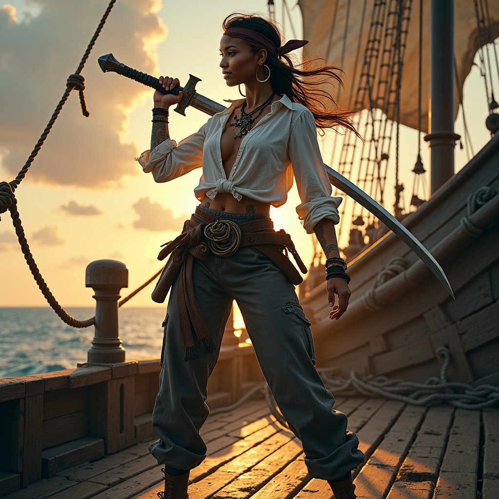 woman wielding a sword in a powerful, dynamic pose, dressed in rugged pirate attire with a flowing white shirt, billowy pants, and a wide leather belt, standing on the deck of a weathered pirate ship with tattered sails and a worn wooden hull, under the warm glow of a sunset with a hint of mist in the background, surrounded by ropes, anchors, and other nautical elements, with a sense of freedom and adventure.
