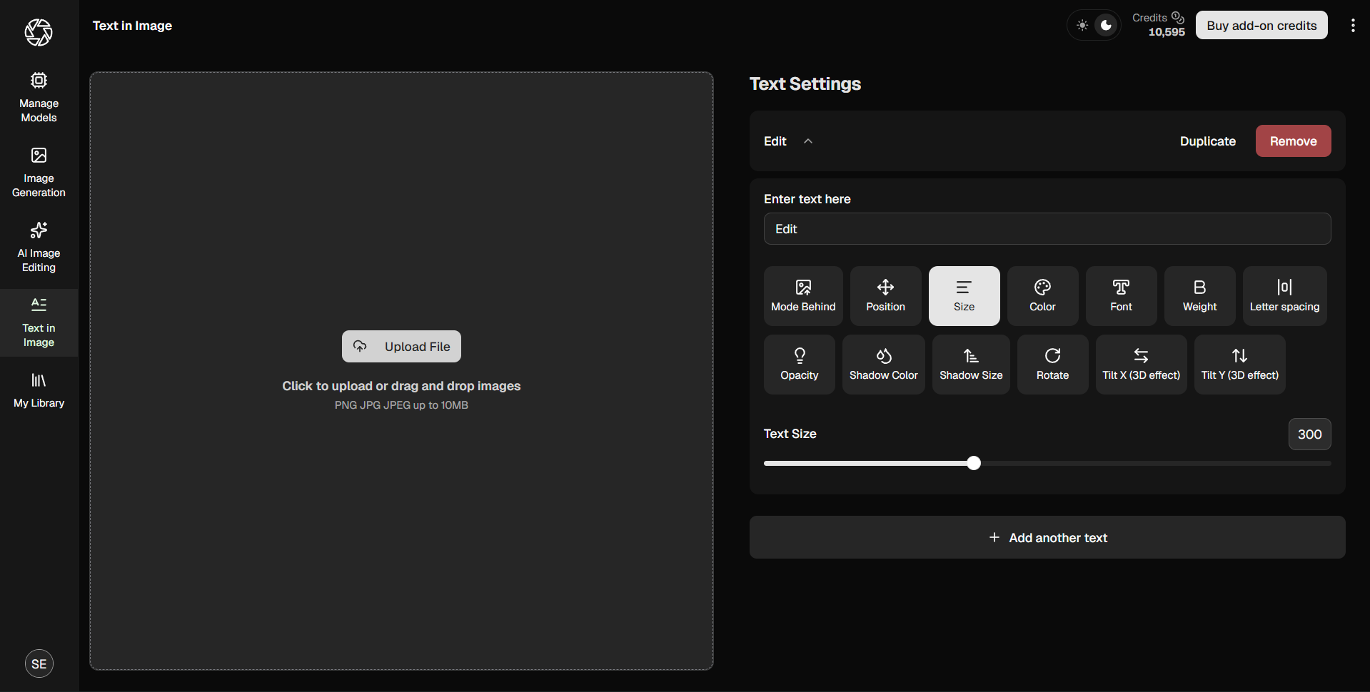 PhotoGPT dashboard with the Text-in-Image entry highlighted