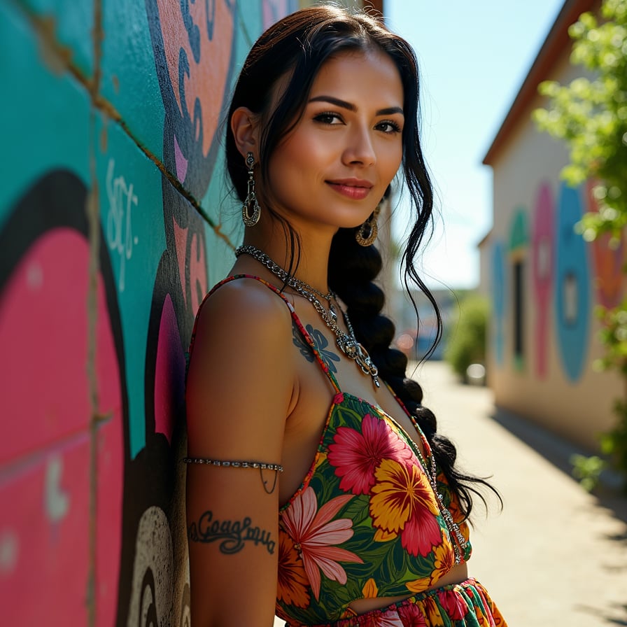 woman in vibrant, flowing maxi dress with floral patterns and layered ruffles, adorned with statement jewelry, posing against a bright and airy outdoor backdrop with lush greenery.