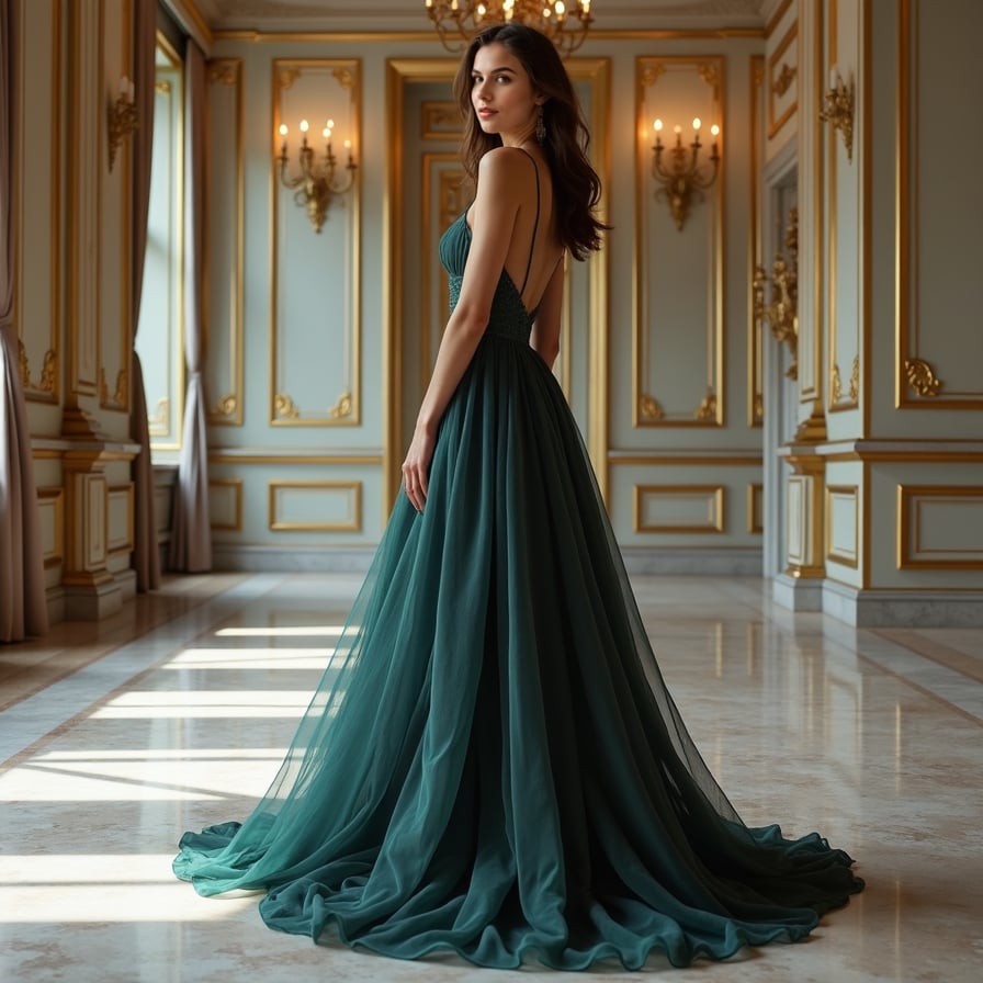 Classic Elegance: The model stands in a grand, opulent ballroom, wearing a flowing evening gown. The camera captures her poised and confident, with soft, diffused lighting highlighting the luxurious textures of her outfit and the intricate details of the room.