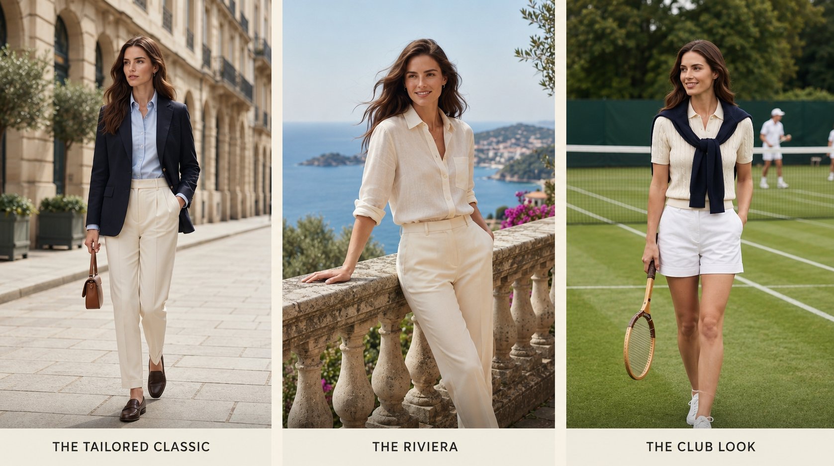 Three women's old money looks: tailored city, Riviera linen, and tennis club