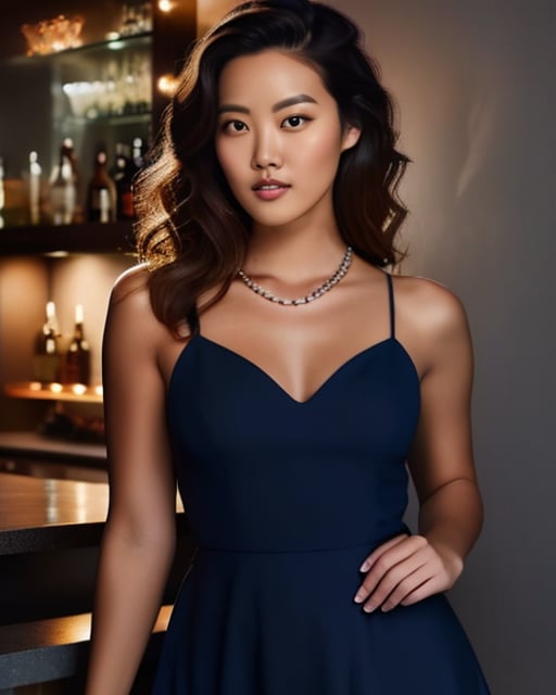 a beautiful, hot girl at a party bar, wearing a mini navy coloured dress, standing against a well stocked bar, seductive smile, wearing beautiful jewellery, and black high heels, bar is darkly lit, toned stunning body, ((hyper realism)), smokey make-up, open hair in loose waves, ((full body)), doing different poses and wearing different clothes in each photo


