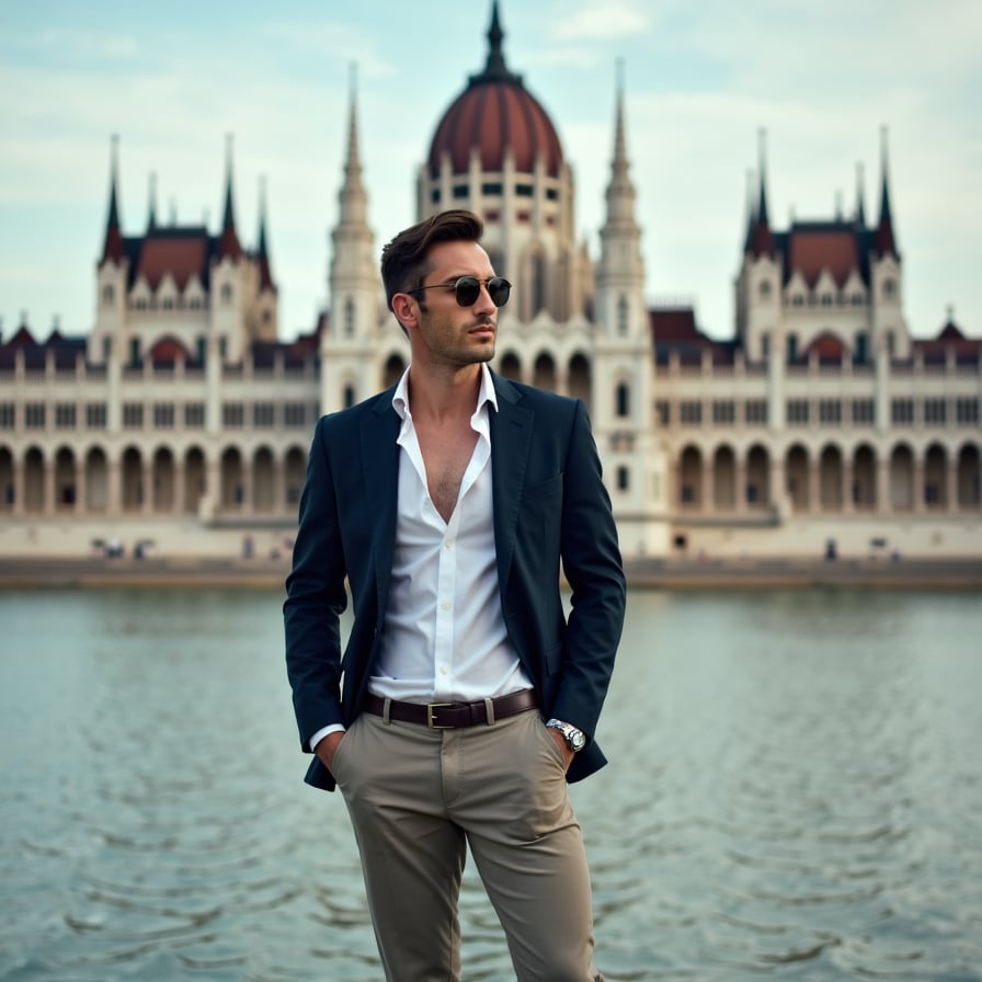 man wearing a stylish blazer and trousers, standing in front of the Széchenyi Thermal Bath or the Hungarian Parliament Building in Budapest, Hungary, capturing the grandeur of the city's architecture and history.