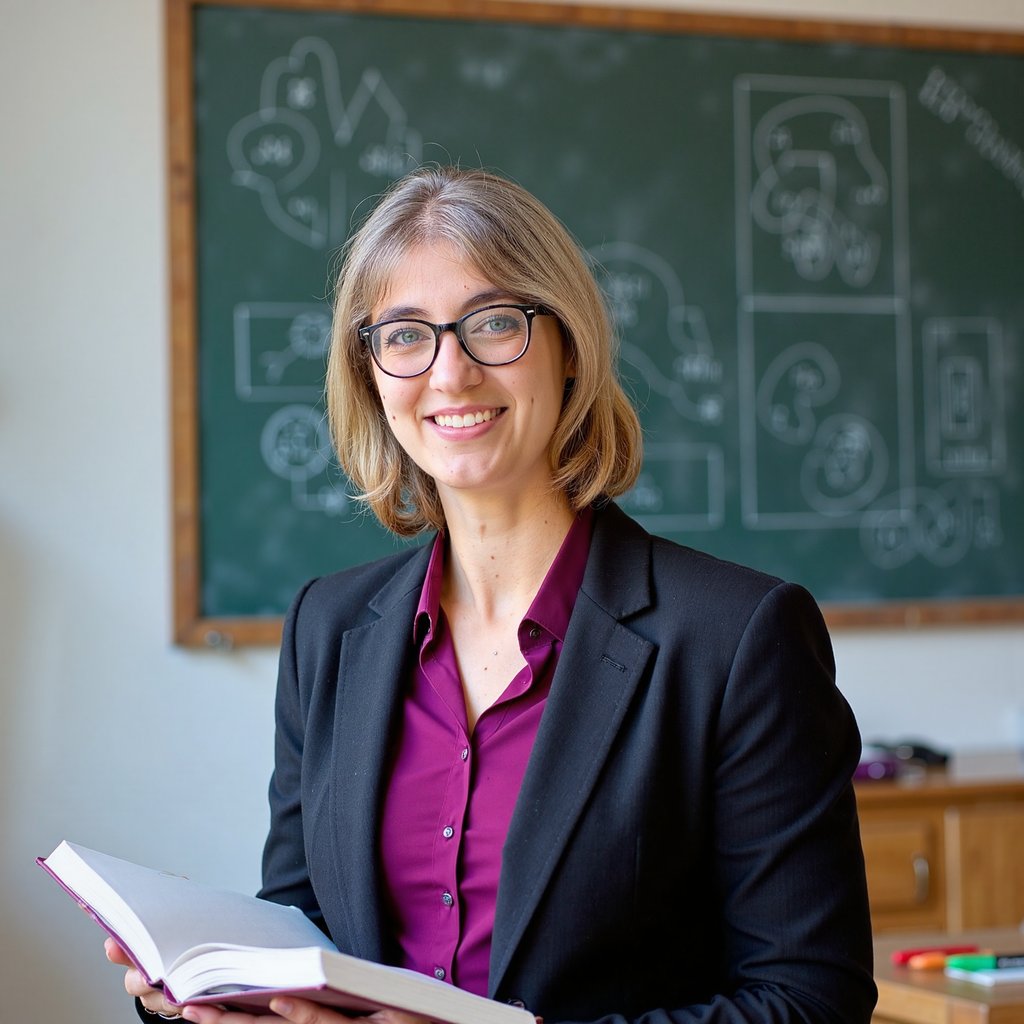 Highly realistic HDR portrait of a woman professor with salt-and-pepper bob hairstyle; dark wool blazer over a jewel-tone silk blouse; fine-rimmed glasses. Camera: 85mm lens, f/2.0, ISO 250, chest-up, shot from slightly below eye level for authority. Lighting: natural window daylight as key, subtle fill from white wall; shadow defines cheekbones and jawline. Pose: holding an open book at chest height, warm attentive smile. Background: blurred chalkboard with neat diagrams and a few colorful markers, minimal clutter.