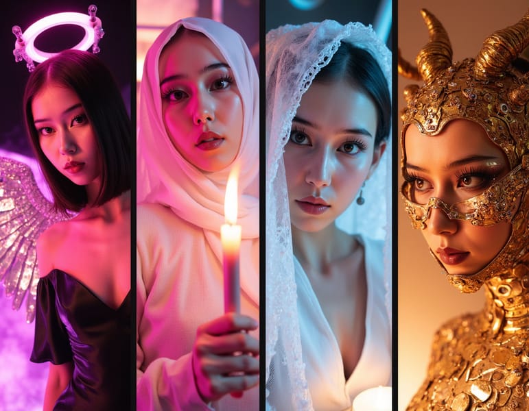 collage of 4 ultra-realistic ai halloween portraits — (1) neon cyberpunk angel with metallic wings and glowing halo, (2) victorian ghost in misty candlelight, (3) glam horror y2k girl with chrome makeup and eerie pink lighting, (4) celestial demon wrapped in gold circuitry — cohesive cinematic tone, high resolution, no text, visually balanced grid