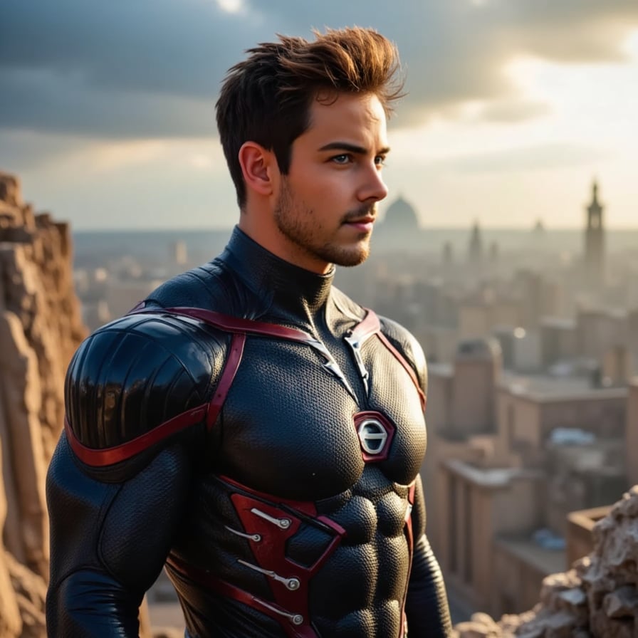 Stoic male superhero inspired by Iron Man and Black Panther, nano-tech suit partially transforming, city in ruins behind, reflective visor, dramatic sunset backdrop, Marvel movie still quality
