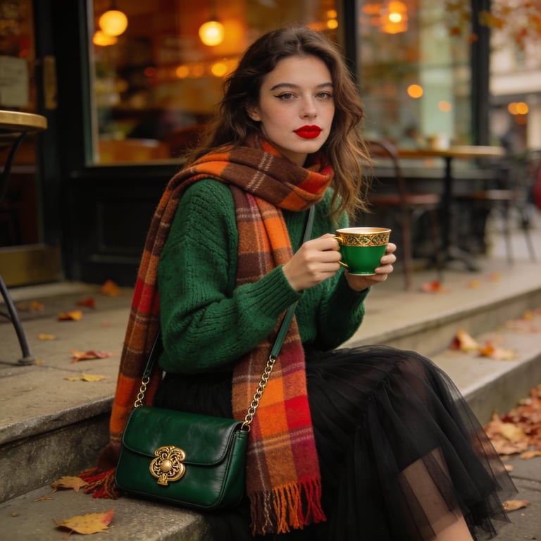 Aesthetic 1970s-inspired fashion portrait of a stylish young woman sitting on ou