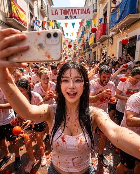 Use the uploaded image as the strict identity reference. Preserve the exact facial features, face shape, hairstyle, skin tone, body proportions, age, and overall recognizable identity while placing the subject into the famous La Tomatina Festival.
Create an ultra-realistic cinematic selfie captured during the middle of La Tomatina in Buñol, Spain. The subject is holding the camera with one arm extended toward the viewer, creating an immersive first-person selfie perspective. She smiles naturally with genuine excitement and joy while looking directly into the camera.
The streets are packed with hundreds of energetic festival participants wearing white sleeveless tops and T-shirts, laughing, cheering, and throwing ripe tomatoes into the air. Dozens of tomatoes are frozen mid-flight around the subject, with dramatic splashes of fresh tomato juice, water droplets, and realistic motion blur creating an action-packed atmosphere. The subject's white outfit, arms, and face are naturally splattered with tomato juice and pulp, while still remaining clearly visible and photorealistic.
Background: Authentic La Tomatina Festival in Buñol, Spain, featuring narrow European streets, colorful festival banners, the iconic "LA TOMATINA BUÑOL" sign overhead, buildings lined with spectators, vibrant crowd energy, and bright summer daylight.
Outfit: Casual white sleeveless top or white T-shirt suitable for the festival, naturally soaked and splattered with tomato juice, minimal accessories, realistic wet fabric texture.
Lighting: Bright natural midday sunlight, cinematic HDR exposure, realistic skin tones, vibrant yet balanced colors (not oversaturated), dynamic highlights on water droplets and tomato splashes, realistic shadows.
Camera: Smartphone ultra-wide selfie perspective, 24mm lens, arm extended toward the camera, shallow depth of field with crisp focus on the subject, 4:5 aspect ratio.
Style: Hyper-realistic travel photography, National Geographic × Vogue lifestyle editorial, ultra-detailed skin texture, realistic tomato splashes, cinematic color grading, authentic festival atmosphere, HDR, 8K, photorealistic, masterpiece.
Negative Prompt: cartoon, anime, CGI, plastic skin, low quality, blurry, oversaturated colors, distorted face, extra limbs, extra fingers, duplicate people, incorrect anatomy, watermark, logo, text, AI artifacts, unrealistic tomato splashes.