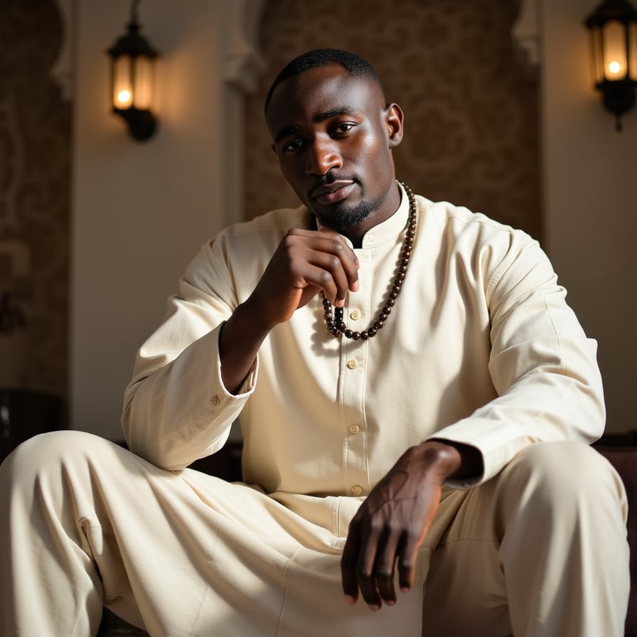 Knee-up portrait of a man seated with prayer beads in hand, dressed in a cream sherwani, subtle lantern light casting gentle shadows, inspired by Mawlid gathering atmosphere