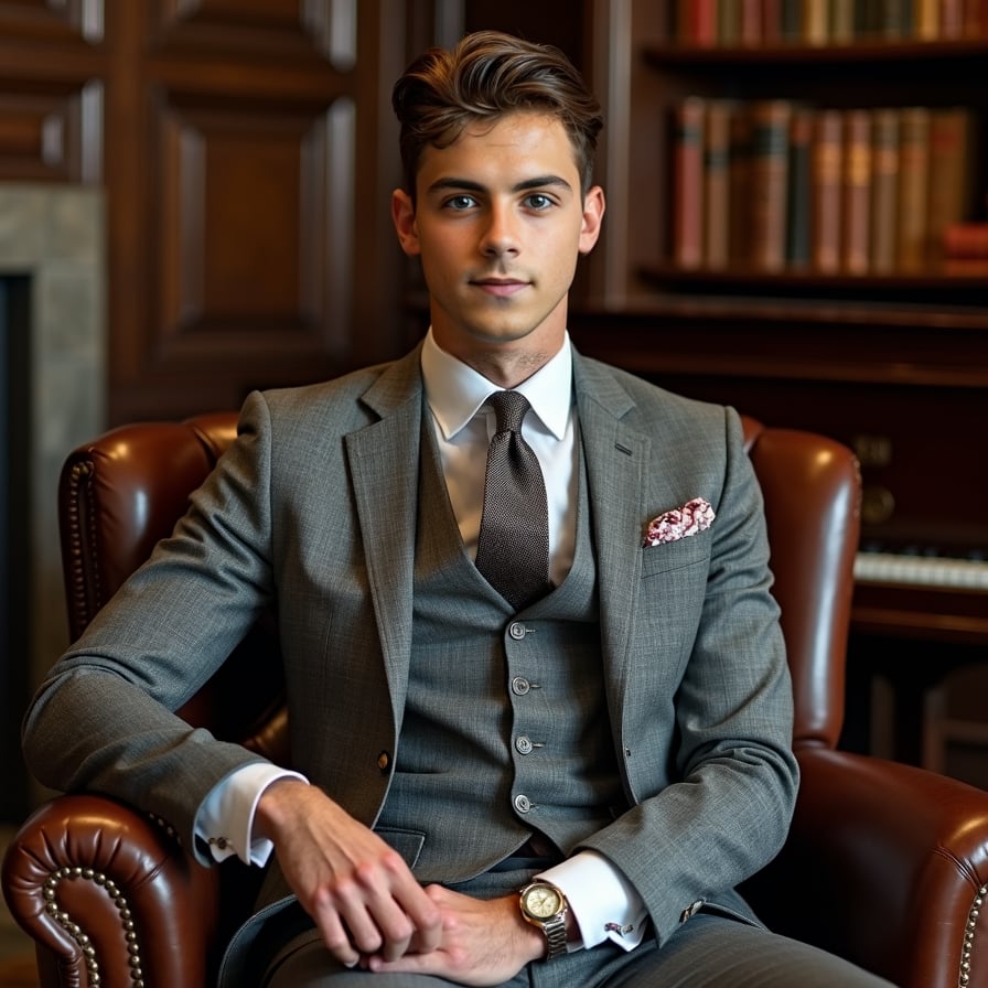man styled for a classic and elegant look. He is seated in a leather armchair with a subtle backdrop of wood-paneled walls or a grand bookcase. He is wearing a tailored suit, with lighting that enhances his poised and polished demeanor