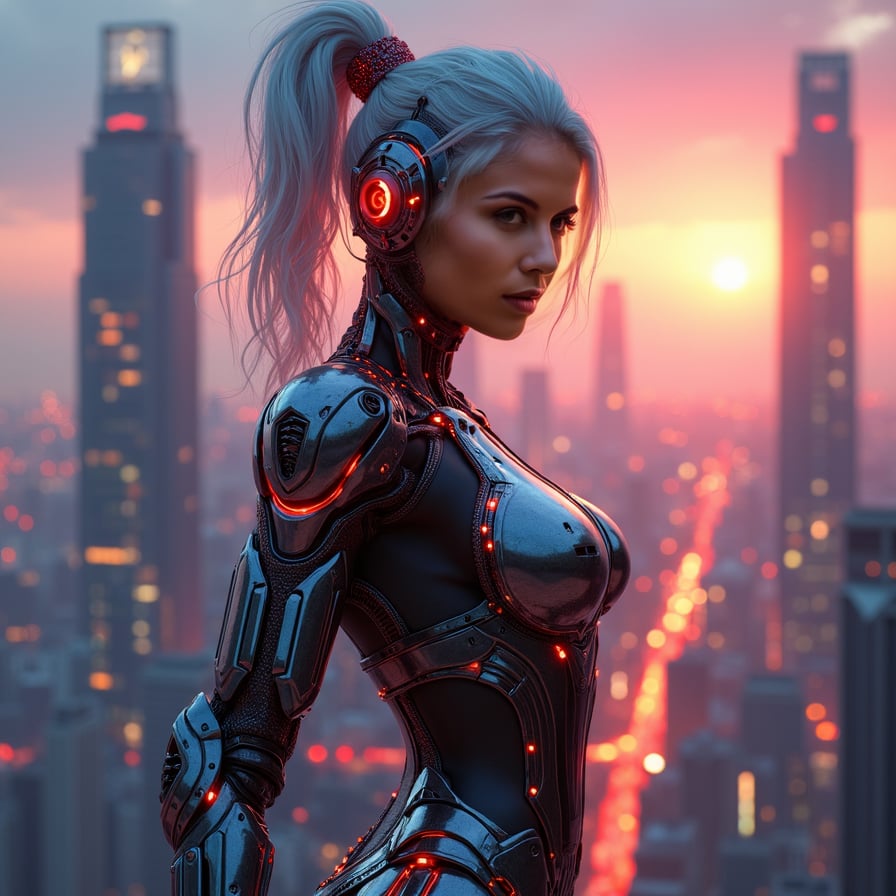 woman in cyberpunk-inspired cyborg attire, metallic limbs and glowing neon accents, futuristic cityscape at dusk in the background, posing with confident and powerful stance