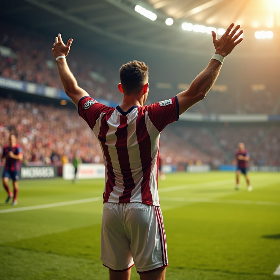 man in a dramatic athletic pose, arms raised in triumph, wearing a professional soccer jersey and shorts, sweaty and euphoric, in the midst of a bustling stadium with cheering fans and blurred movement in the background, capturing the raw emotion of scoring the first goal.
