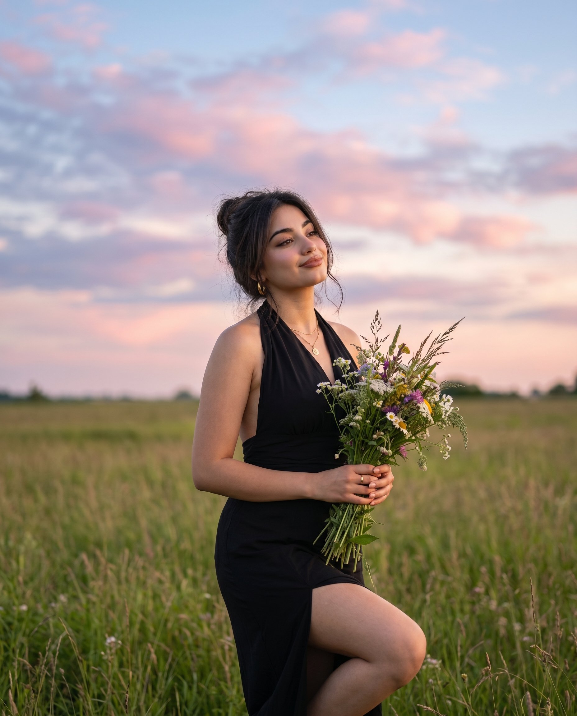 Ultra realistic cinematic sunset meadow portrait of [REFERENCE PERSON], preserve the exact facial identity, facial proportions, skin texture, eye details, lips, jawline, hairstyle, and overall likeness from the reference image with extremely high identity fidelity and natural realism.

Scene composition should remain nearly identical to the original image: a fashionable woman standing in an open grassy field during dreamy sunset twilight, dramatic pastel blue and pink cloud-filled sky in the background, soft evening atmosphere, cinematic outdoor fashion aesthetic.

Camera angle and framing: low-angle fashion photography shot looking slightly upward toward the subject, medium-full body composition, elegant posture with one knee slightly bent and head tilted upward toward the sky, confident graceful expression.

Subject interaction: holding a natural bouquet of wildflowers and tall grass stems gently in both hands.

Hair: long deep auburn/red hair with soft smooth texture and realistic shine, naturally flowing in soft evening light.

Outfit: elegant pastel aqua/light turquoise pleated sleeveless top with deep neckline and delicate front tie detail, paired with loose cream/white wide-leg pants, soft luxury summer fashion styling, realistic fabric folds and textures.

Lighting: soft cinematic sunset lighting with realistic skin highlights, subtle glow on shoulders and face, balanced natural HDR exposure, dreamy pastel sky tones, atmospheric depth.

Photography style: ultra photorealistic DSLR editorial portrait, 85mm lens, fashion magazine quality, shallow depth of field, cinematic color grading, highly detailed skin texture, realistic anatomy, luxury lifestyle photography, natural outdoor realism.

Important: replace ONLY the woman’s identity with the exact reference person while preserving the same sky colors, sunset environment, pose, bouquet styling, camera angle, outfit aesthetic, lighting mood, and overall composition from the original image.

Negative prompt: distorted anatomy, inaccurate face, identity mismatch, asymmetrical eyes, extra fingers, bad hands, blurry face, AI artifacts, plastic skin, CGI appearance, cartoon style, overprocessed image, unrealistic lighting, duplicate limbs, low quality, text, watermark, deformed body proportions.

Priority settings:

Identity accuracy: maximum
Background consistency: maximum
Photorealism: maximum
Sunset lighting realism: maximum
Facial similarity strength: very high