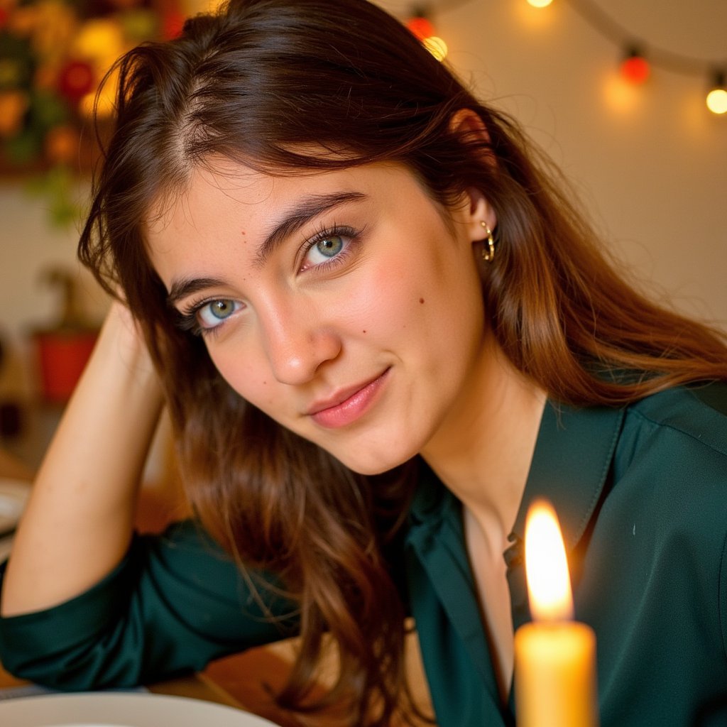 Highly realistic, highly detailed, hyperrealistic HDR close-up portrait of a woman (female, ~30 yrs) leaning slightly forward across a Thanksgiving dinner table. Camera positioned slightly lower (~−5°) to capture her soft gaze upward. She wears a dark green silk blouse, sleeves visible at edge of frame, and simple gold hoop earrings. Warm candlelight and soft ambient lighting merge across her skin creating smooth gradients. Background softly blurred — just the impression of autumnal centerpieces and bokeh from hanging bulbs. Visible reflections in her eyes and fine highlights in hair. Thanksgiving glow, soft warmth. HDR, high resolution, high quality, highly detailed, photorealistic.