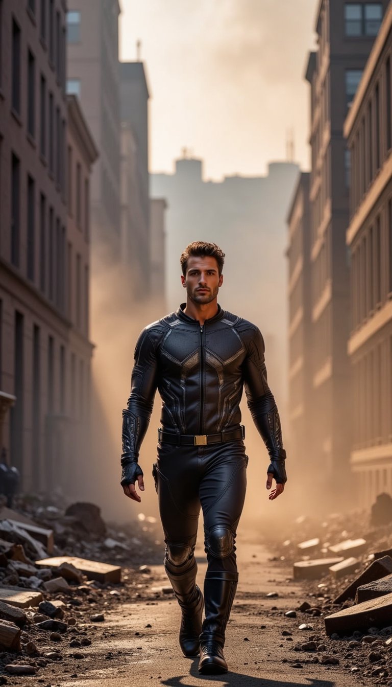 A male superhero stands among the rubble of a city street, dust swirling in the air, parts of his suit scratched and battle-worn. Flames flicker in the distance as the golden-hour light hits from the side, casting long shadows and capturing the quiet intensity after victory.
