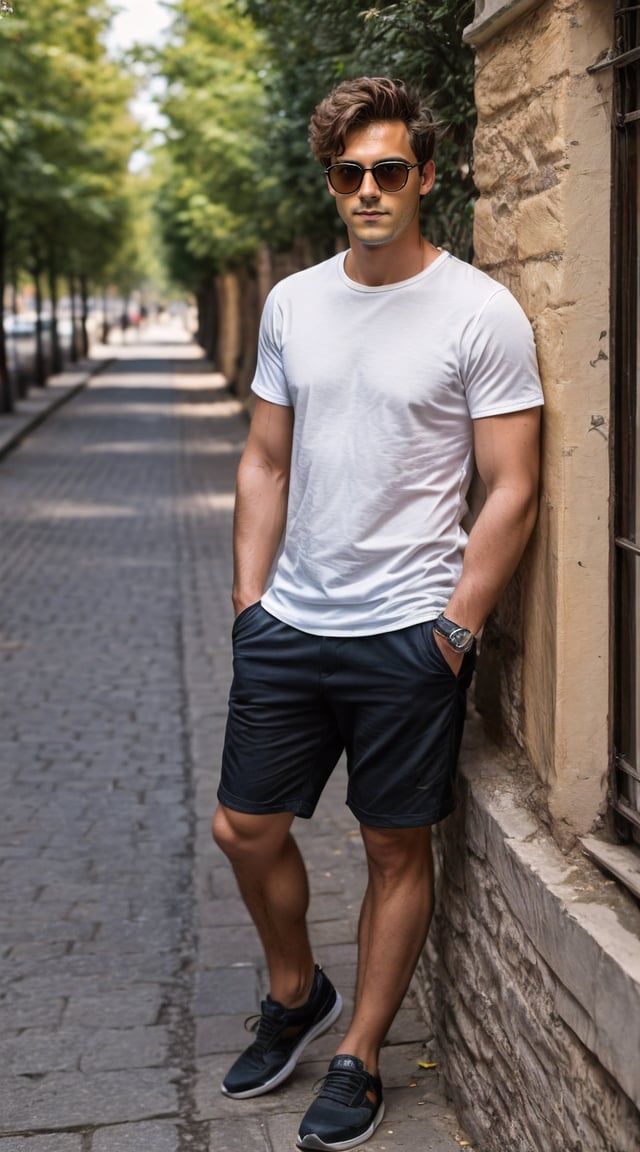 Trendy man in sunglasses, exploring scenic European streets.