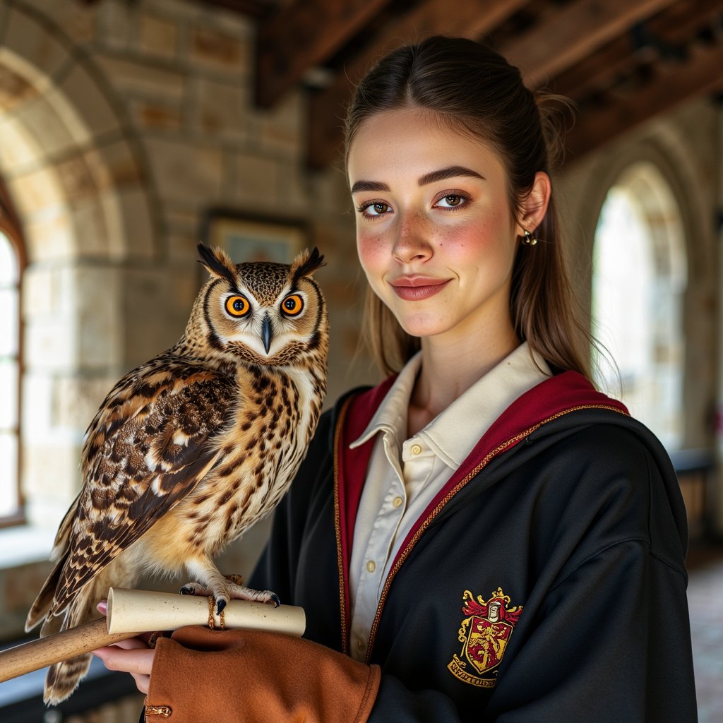 Highly realistic, ultra-detailed HDR portrait of a 15-year-old female Hogwarts student with light beige skin, light freckles across cheeks, soft brown almond-shaped eyes, and a small, gentle smile. Shoulder-length straight chestnut hair tucked neatly behind both ears, a few strands catching the light. Wearing a thick black wool Hogwarts robe with Gryffindor trim (red-and-gold threading visible, slightly frayed in places) over a cream cotton shirt. Pose: left arm bent upward, supporting a tawny owl perched on a brown leather falconry glove (visible creases and stitching in the glove), right hand delicately untying a parchment scroll from the owl’s leg. Camera: Canon EOS R5, 85mm f/2 prime lens, aperture f/2, shot at eye level for balanced perspective. Lighting: warm morning sunlight (4500K) streaming in from the left, casting gentle highlights on subject and owl feathers; faint cool fill from the right to balance contrast; catchlights visible in both human and owl eyes. Background: blurred wooden rafters and beams above, soft depth with no distracting elements.