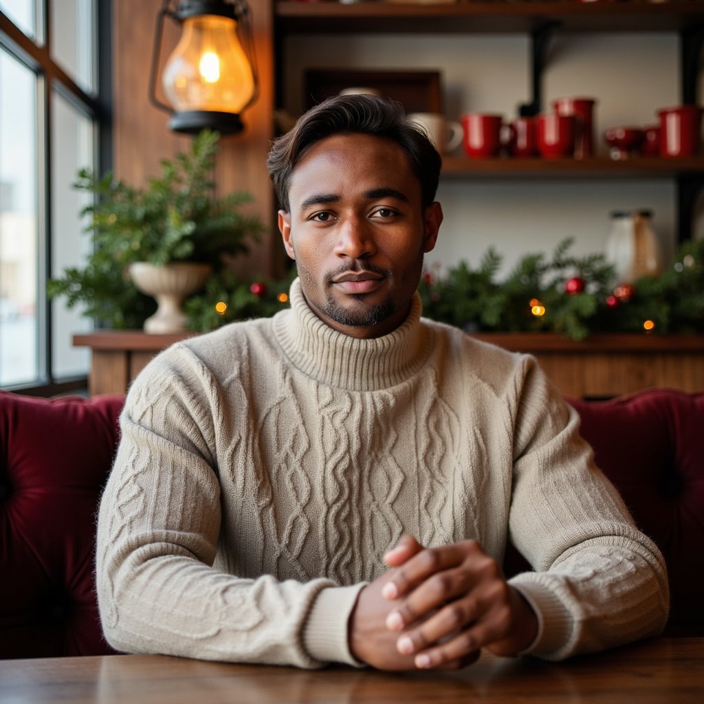 Waist-up portrait of a man seated in a cozy Christmas café booth, leaning slightly forward with elbows relaxed on the table, hands loosely clasped, still and composed. He wears a chunky oatmeal-colored cable-knit sweater with prominent detailed stitching.
Hair: brushed-back medium length, soft texture; light beard.
Lighting: warm overhead café glow with a soft diffused key from a nearby window, gentle shadow falloff for depth.
Background: blurred café shelves with red mugs, pine garland, and a single glowing lantern — minimal clutter, organized bokeh.
Camera: 50mm f/1.6 at eye level; highly detailed, highly realistic, HDR, sweater fibers, beard grain, and warm wood tones crisp.