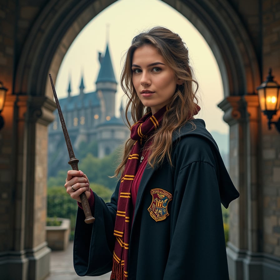 Woman in Hogwarts attire, magical castle, atmospheric fog, soft lighting.