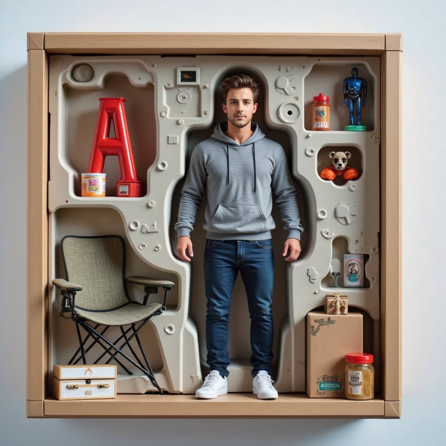 Man in joggers and hoodie, standing next to a lawn chair, toolbox, and pet figure. 
