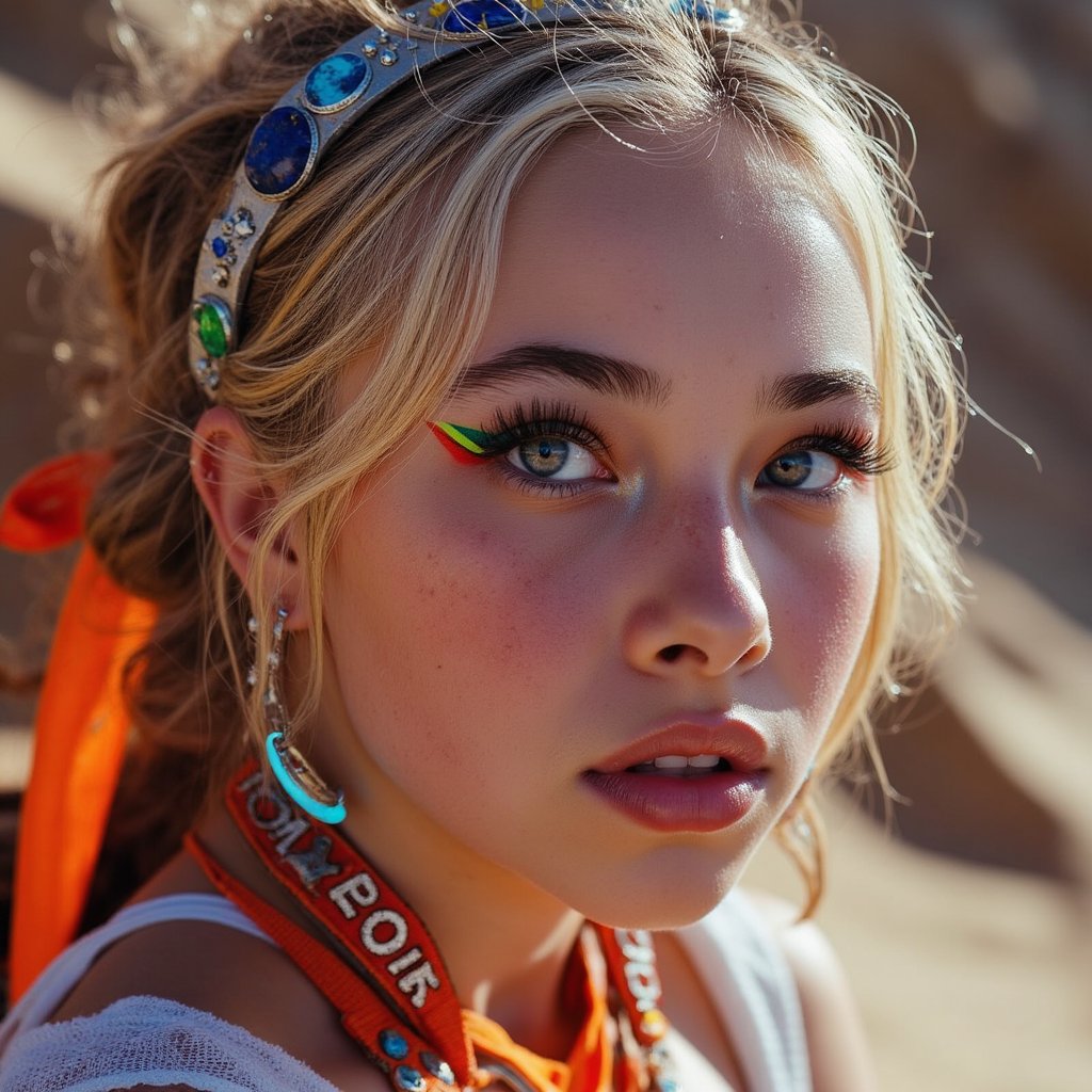 Close-up headshot of a cyber-tribal woman with face jewels and LED earrings, dramatic eye makeup, sandstorm background, Burning Man aesthetic
