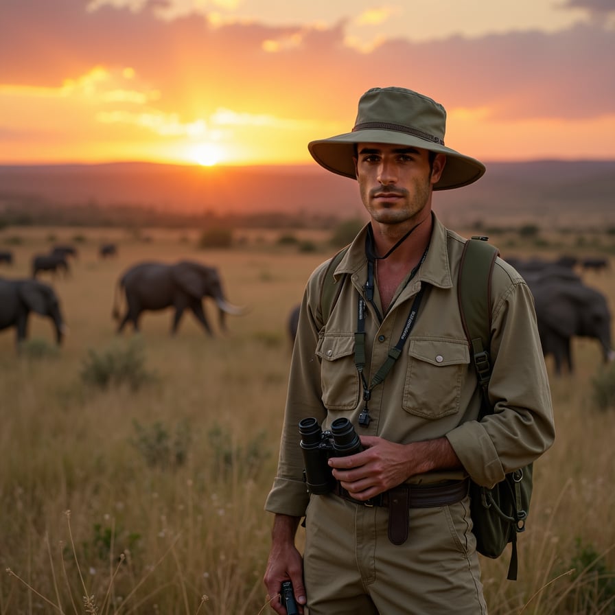 man wearing rugged safari outfit, khaki clothes, and a pith helmet, holding a pair of binoculars and standing in front of a majestic African savannah landscape at sunset.
