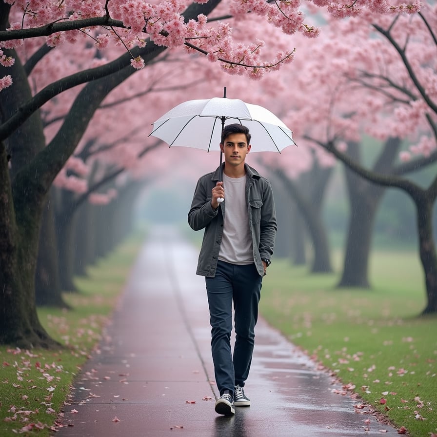 A man with an umbrella walks along a quiet park path lined with cherry blossoms in the gentle rain. The wet ground reflects the pink petals, creating a dreamy, romantic scene.