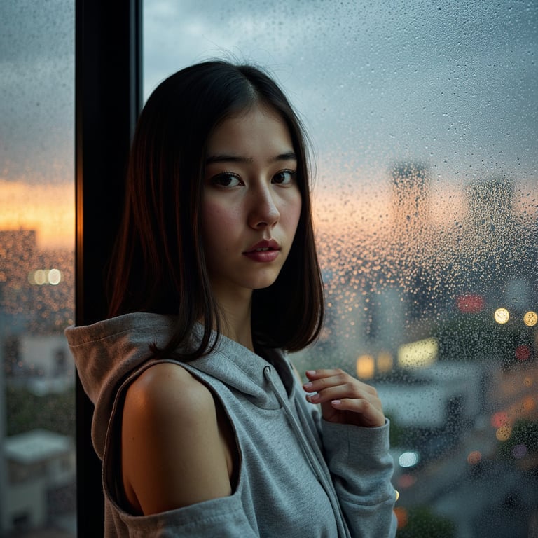A cinematic emotional portrait of a woman (mid 20s) standing behind a rain-strea