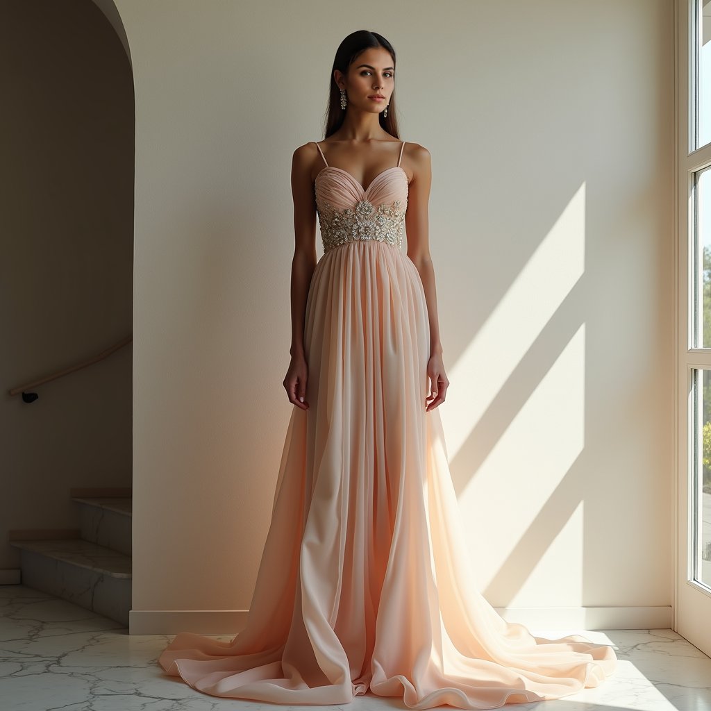 Stunning woman, multi-colored gown, plain wall, professional shot.