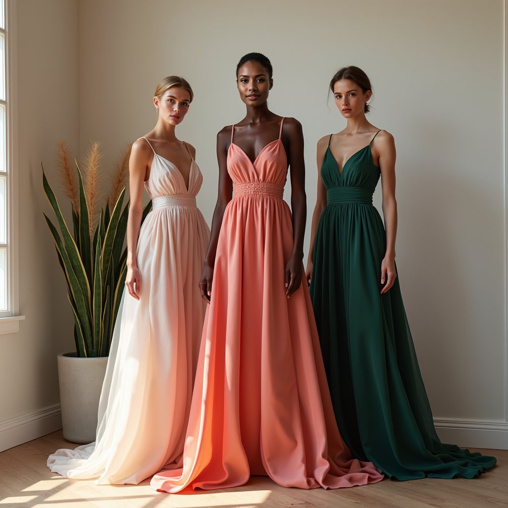 Stunning woman, multi-colored gown, plain wall, professional shot.