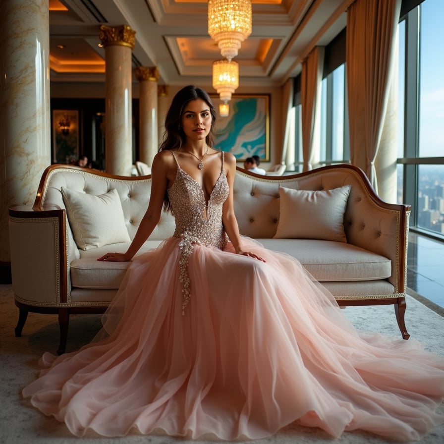 woman wearing luxurious evening gown, glamorous makeup, and sparkling jewelry, posing confidently in a lavish party setting with upscale decorations and city skyline views in the background, capturing the essence of sophistication and glamour for a stunning social media post.