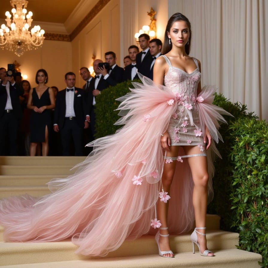 A fashion-forward woman in a floral biomechanical dress — part nature, part machine — with glowing petals and robotic limbs at the Met Gala