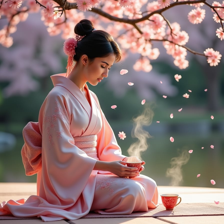 A graceful woman in a delicate silk kimono kneels on a tatami mat under a cherry blossom tree, performing a traditional Japanese tea ceremony. The steam from the teacup rises gently as pink petals float in the air around her.