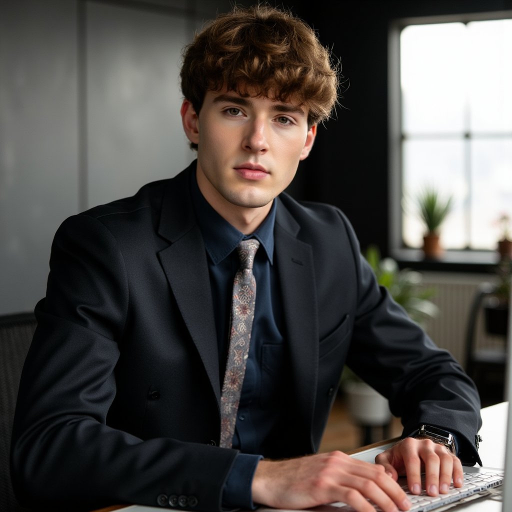 Highly realistic HDR candid portrait of a man software developer at a modern open desk; slim-fit navy oxford shirt, rolled sleeves, Apple Watch visible; tousled medium-length hair with side part. Camera: 35mm lens, f/2.8, ISO 400, waist-up, shot at slight ¾ angle. Lighting: natural daylight key from large window camera right, soft overhead LED fill; monitor glow adds faint rim on jawline. Pose: leaning forward typing, relaxed shoulders, focused expression. Background: blurred rows of standing desks and plants, clean lines, minimal clutter.