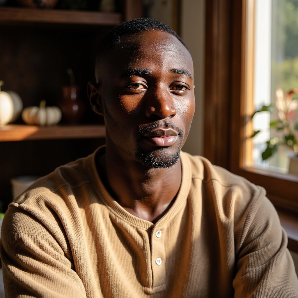 Highly detailed, highly realistic, hyperrealistic HDR portrait of a man (male, ~36 yrs) seated waist-up near a window with afternoon sunlight spilling from the left side. He wears a soft tan henley shirt with visible knit ribbing and rolled sleeves. His posture relaxed, gaze slightly downward in calm reflection. Camera angled at ~30° from his left, focus sharp on face and torso, shallow depth of field blurring the wooden window frame and faint outdoor foliage beyond. Light creates soft golden rim highlights on his jawline and shoulder. Visible texture: fabric weave, skin pores, fine arm hairs catching light. HDR, high resolution, high quality, highly detailed, photorealistic.